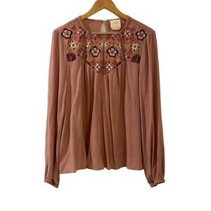 Harper Blouse Francesca’s Pink Embroidered Medium Floral Long Sleeve Boho